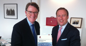 European Chamber Vice President Jens Ruebbert (right) meets with Lord  Mandelson in London and presents the Position Paper
